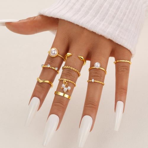 Zinc Alloy Ring Set, with Plastic Pearl, plated, 10 pieces & fashion jewelry & with rhinestone, gold [