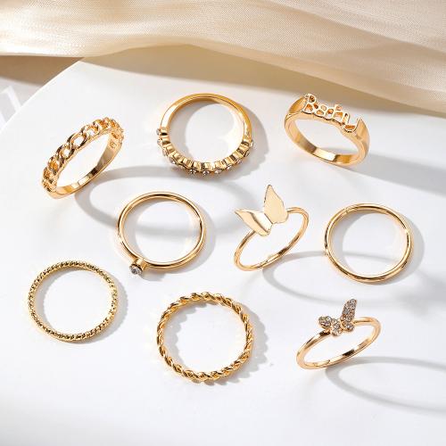 Zinc Alloy Ring Set, plated, 6 pieces & fashion jewelry & with rhinestone, golden [