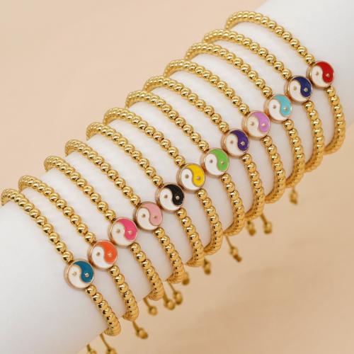 Enamel Brass Bracelets, with Knot Cord & Zinc Alloy, Flat Round, gold color plated, Adjustable & fashion jewelry & Unisex Approx 28 cm [