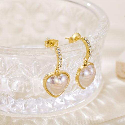 Stainless Steel Drop Earring, 304 Stainless Steel, with Plastic Pearl, Heart, Vacuum Ion Plating, fashion jewelry & for woman & with rhinestone, gold [