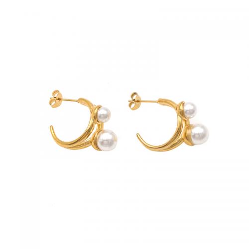 Boucles d'oreilles en acier titane, avec perle de plastique, Placage ionique sous vide, bijoux de mode & styles différents pour le choix & pavé de micro zircon & pour femme, Or, Vendu par paire