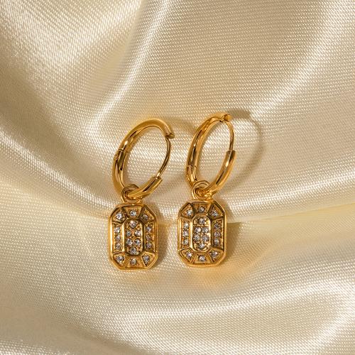 Huggie Hoop Drop Earring, Нержавеющая сталь 304, 18K позолоченный, ювелирные изделия моды & Женский & со стразами, Золотой продается Пара