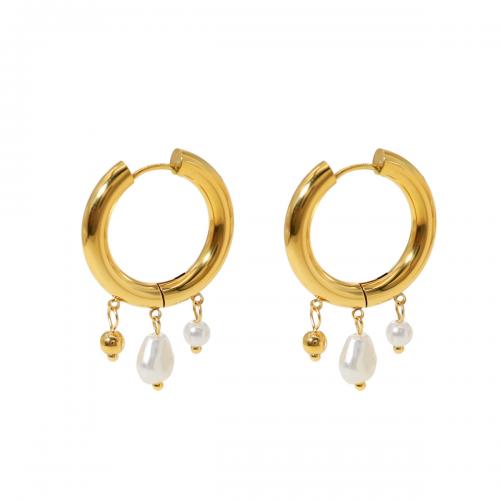 Boucles d'oreilles en acier titane, avec perle d'eau douce cultivée, Plaqué d'or 18K, bijoux de mode & pour femme Vendu par paire