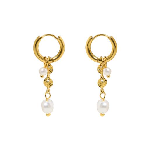 Boucles d'oreilles en acier titane, avec perle de plastique, Plaqué d'or 18K, bijoux de mode & pour femme Vendu par paire