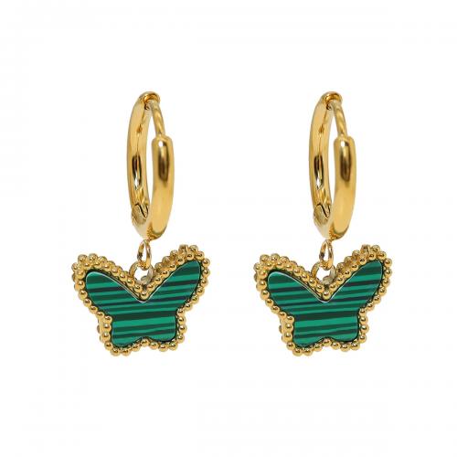 Boucles d'oreilles en acier titane, avec Malachite, papillon, Plaqué d'or 18K, bijoux de mode & pour femme Vendu par paire