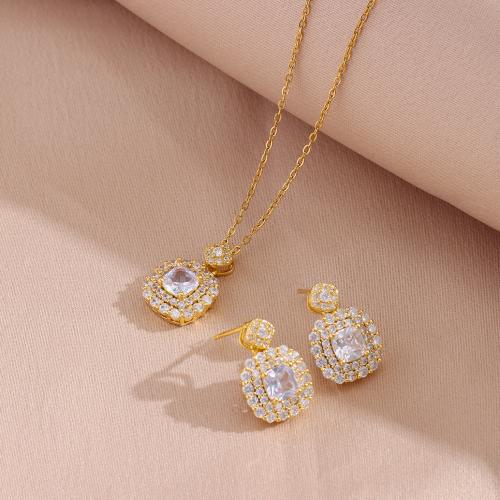 Cubic Zirconia Micro Pave Brass Jewelry Sets, with Cubic Zirconia & 304 Stainless Steel, Vacuum Ion Plating, fashion jewelry & micro pave cubic zirconia & for woman Approx 50 cm [