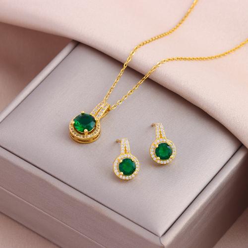 Cubic Zirconia Micro Pave Brass Jewelry Sets, with Cubic Zirconia & 304 Stainless Steel, Vacuum Ion Plating, fashion jewelry & micro pave cubic zirconia & for woman, green Approx 50 cm [