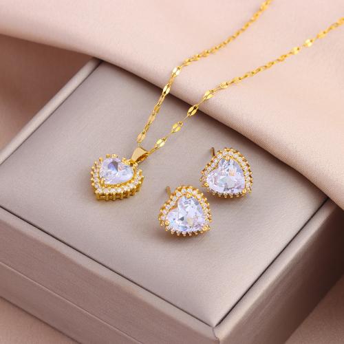 Cubic Zirconia Micro Pave Brass Jewelry Sets, with Cubic Zirconia & 304 Stainless Steel, Vacuum Ion Plating, fashion jewelry & micro pave cubic zirconia & for woman Approx 50 cm [