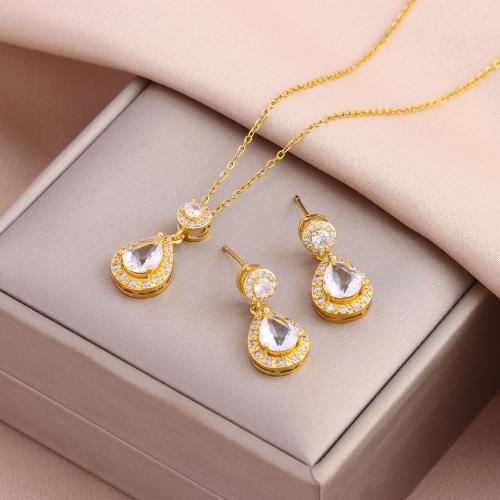 Cubic Zirconia Micro Pave Brass Jewelry Sets, with Cubic Zirconia & 304 Stainless Steel, Vacuum Ion Plating, fashion jewelry & micro pave cubic zirconia & for woman Approx 45 cm [