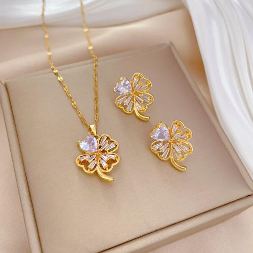 Titanium Steel Jewelry Set, with Brass, Four Leaf Clover, real gold plated & micro pave cubic zirconia & for woman 