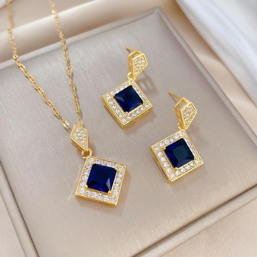 Titanium Steel Jewelry Set, Rhombus, real gold plated & micro pave cubic zirconia & for woman [