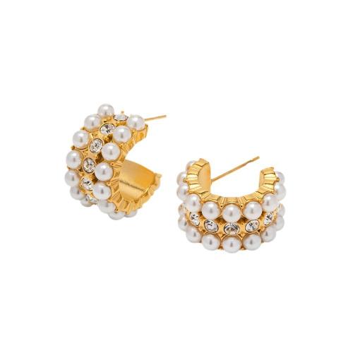 Stainless Steel Rhinestone Stud Earring, 304 Stainless Steel, with Plastic Pearl, 18K gold plated, fashion jewelry & for woman & with rhinestone, golden [