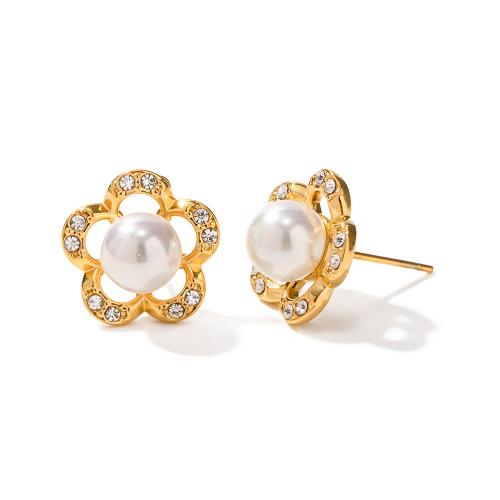 Stainless Steel Rhinestone Stud Earring, 304 Stainless Steel, with Plastic Pearl, Flower, 18K gold plated, fashion jewelry & for woman & with rhinestone, golden, 15.1mm [