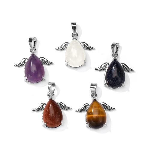 Gemstone Brass Pendants, Natural Stone, with Brass, Teardrop, platinum color plated, DIY 