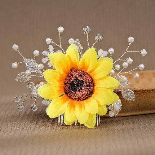 Peine Decorativo para Novia, aleación de zinc, con paño & Perlas plásticas, Flor, chapado en color dorado, con diamantes de imitación, amarillo, 120x85mm, Vendido por UD