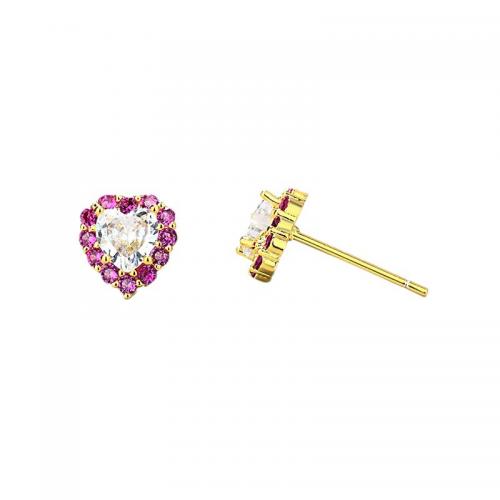 Brass Stud Earring, Heart, real gold plated, micro pave cubic zirconia & for woman 