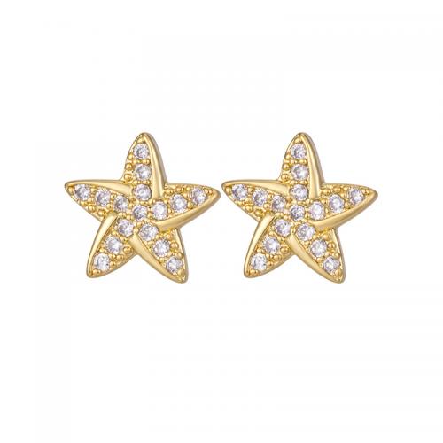 Brass Stud Earring, Star, real gold plated, micro pave cubic zirconia & for woman 10mm [