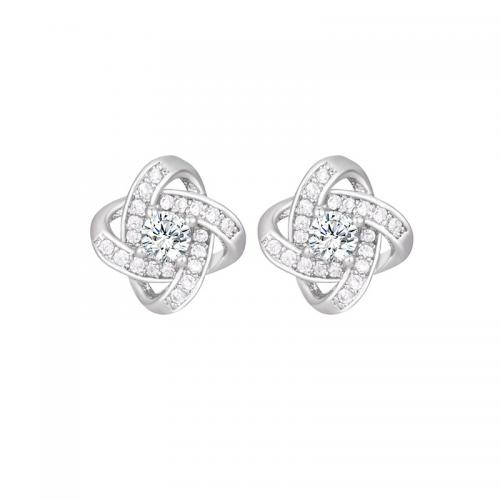 Brass Stud Earring, Four Leaf Clover, platinum plated, micro pave cubic zirconia & for woman & hollow 10mm [