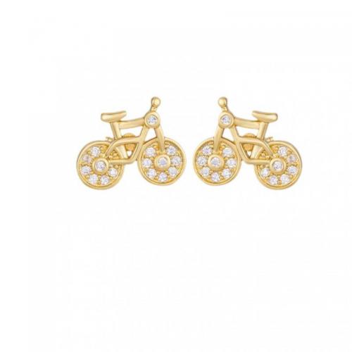 Brass Stud Earring, Bike, real gold plated, micro pave cubic zirconia & for woman 15mm [