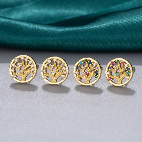 Brass Stud Earring, Tree, real gold plated, micro pave cubic zirconia & for woman & hollow 10mm [