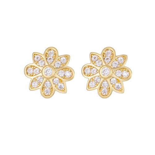 Brass Stud Earring, Daisy, real gold plated, micro pave cubic zirconia & for woman 10mm [