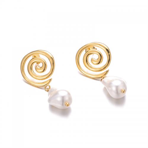 Stainless Steel Drop Earring, 304 Stainless Steel, with Plastic Pearl, Vacuum Ion Plating, fashion jewelry & for woman, gold [