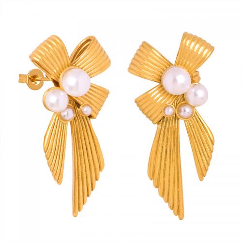 Boucles d'oreilles en acier titane, avec Shell Pearl, Noeud papillon, Plaqué or 18K, bijoux de mode & pour femme Vendu par paire