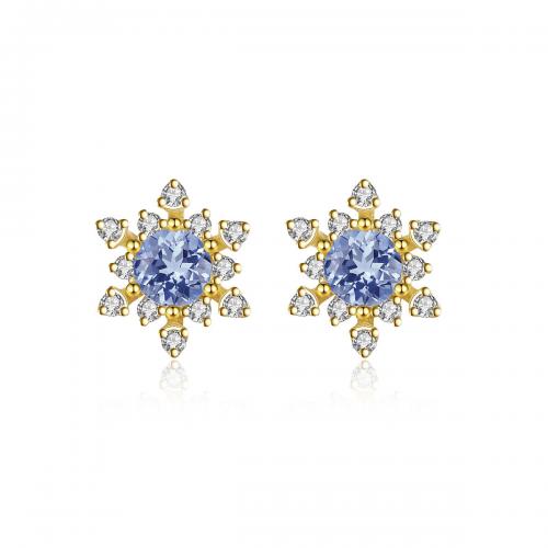 Silver Earring Zircon pavent Sterling, Argent sterling 925, avec zircon cubique, flocon de neige, Placage de couleur d'or, bijoux de mode & pour femme, bleu Vendu par paire