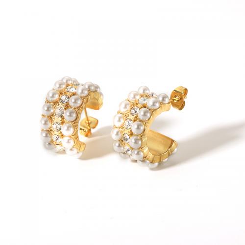 Stainless Steel Rhinestone Stud Earring, 304 Stainless Steel, with Plastic Pearl, 18K gold plated, fashion jewelry & for woman & with rhinestone, golden 