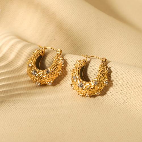 Stainless Steel Leverback Earring, 304 Stainless Steel, 18K gold plated, fashion jewelry & for woman & with rhinestone, golden 