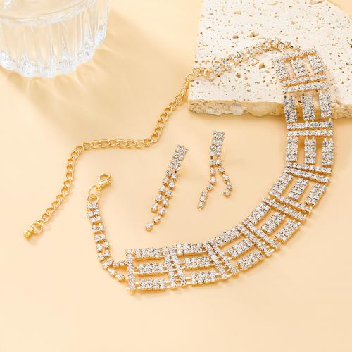 Rhinestone Zinc Alloy Jewelry Set, earring & necklace, with 14.7cm extender chain, plated, 2 pieces & for woman & with rhinestone Approx 32.1 cm [