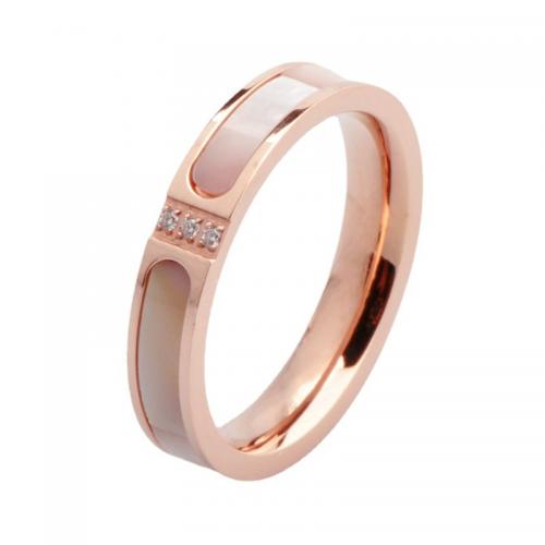 Titane Acier Bague, Acier titane, avec coquille, Placage, normes différentes pour le choix & pavé de micro zircon & pour femme, couleur or rose, Vendu par PC[