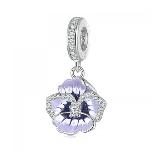 Cubic Zirconia Micro Pave Sterling Silver Pendant, 925 Sterling Silver, petals, plated, DIY & micro pave cubic zirconia & enamel, silver color 