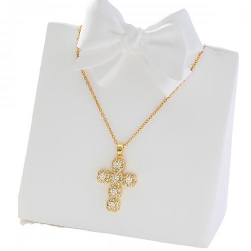 Cubic Zircon Micro Pave Brass Necklace, Cross, real gold plated, micro pave cubic zirconia & for woman, golden [