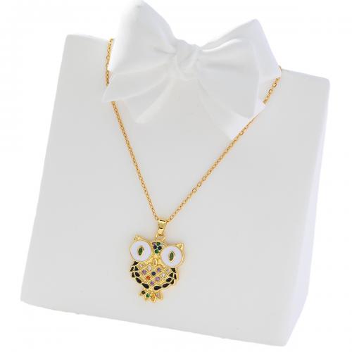 Cubic Zircon Micro Pave Brass Necklace, Owl, real gold plated, micro pave cubic zirconia & for woman & enamel, golden [