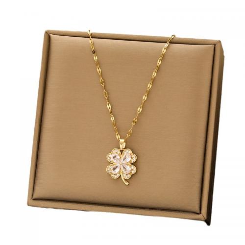 304 Stainless Steel Necklace, with 2inch extender chain, Four Leaf Clover, real gold plated, micro pave cubic zirconia & for woman Approx 15.7 Inch [