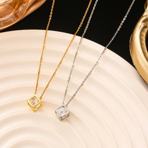 304 Stainless Steel Necklace, with 2inch extender chain, Cube, Vacuum Ion Plating, oval chain & micro pave cubic zirconia & for woman & hollow Approx 15.7 Inch [