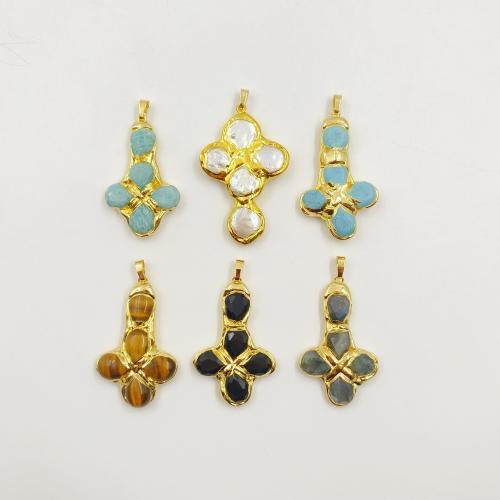 Gemstone Pendantifs en laiton, pierre gemme, avec perle & laiton, Placage de couleur d'or, bijoux de mode & DIY & différents matériaux pour le choix, plus de couleurs à choisir, 49.22mm, Vendu par PC[