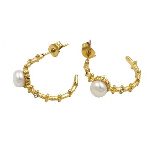 Rhinestone Brass Stud Earring, with pearl, gold color plated, fashion jewelry & for woman & with rhinestone, white [