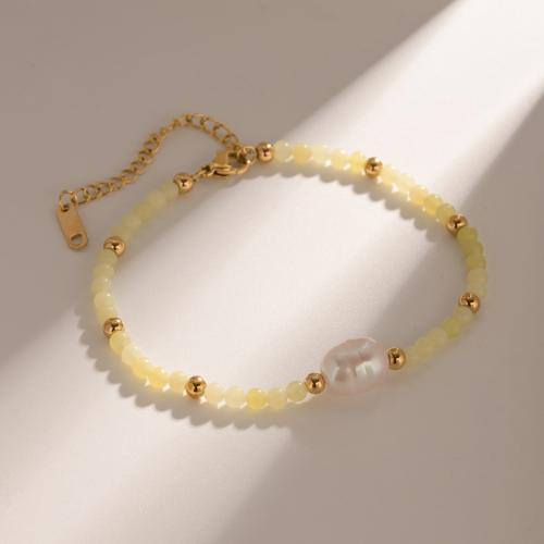 Glass Seed Beads Bracelets, 304 Stainless Steel, with Seedbead & ABS Plastic Pearl, with 6.5cm extender chain, plated, fashion jewelry, yellow cm [