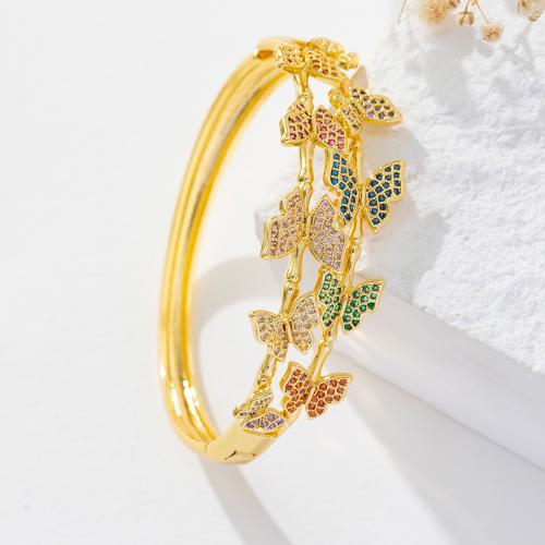 Brass Bangle, Butterfly, real gold plated, micro pave cubic zirconia & for woman, golden [