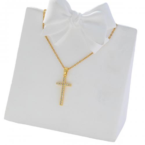 Cubic Zircon Micro Pave Brass Necklace, Cross, real gold plated, micro pave cubic zirconia & for woman, golden [