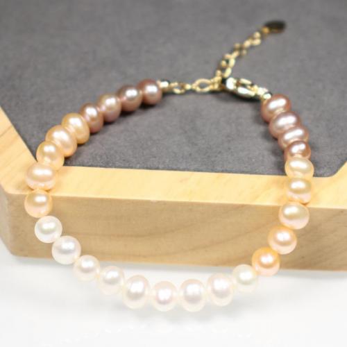 Cultured Freshwater Pearl Brass Bracelet, with Freshwater Pearl, with 5cm extender chain, 18K gold plated, fashion jewelry & for woman Approx 17 cm [