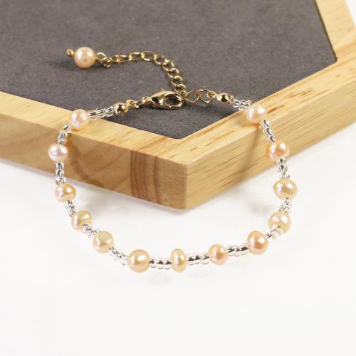 Cultured Freshwater Pearl Brass Bracelet, with Seedbead & Freshwater Pearl, with 5cm extender chain, high quality plated, fashion jewelry & micro pave cubic zirconia & for woman, pink Approx 17 cm [