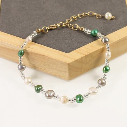 Cultured Freshwater Pearl Brass Bracelet, with Seedbead & Freshwater Pearl, with 5cm extender chain, high quality plated, fashion jewelry & micro pave cubic zirconia & for woman Approx 17 cm 