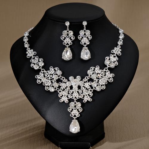 Rhinestone Zinc Alloy Jewelry Set, earring & necklace, with Plastic Pearl, plated, for bridal & for woman & with rhinestone [