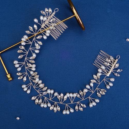 Headband, Zinc Alloy, with Plastic Pearl, silver color plated, for bridal & for woman & with rhinestone, mixed colors [