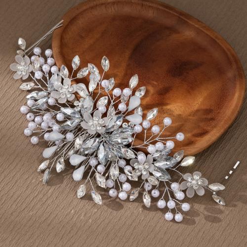 Peinetas Decorativas, aleación de zinc, con Perlas plásticas, chapado en color de plata, para novia & para mujer & con diamantes de imitación, Blanco, Vendido por UD