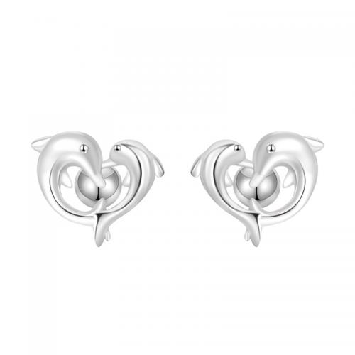 Sterling Silver Stud Earring, 925 Sterling Silver, Dolphin, plated, for woman, silver color 