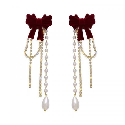 Zinc Alloy Tassel Earring, with Flocking Fabric & Plastic Pearl, Bowknot, plated, for woman & with rhinestone [